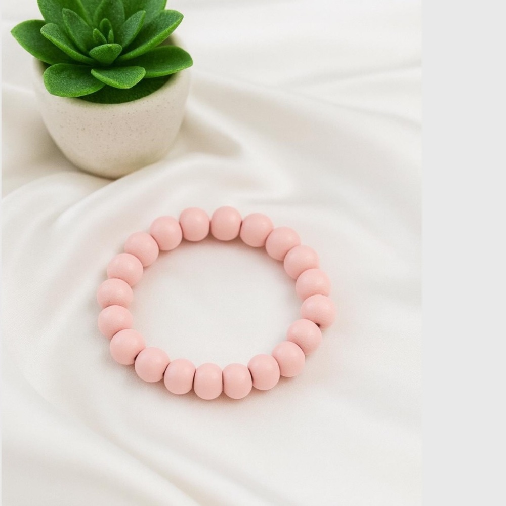Light Pink Wooden Bead Stretch Bracelet, Lightweight Stackable‎ Boho Jewelry